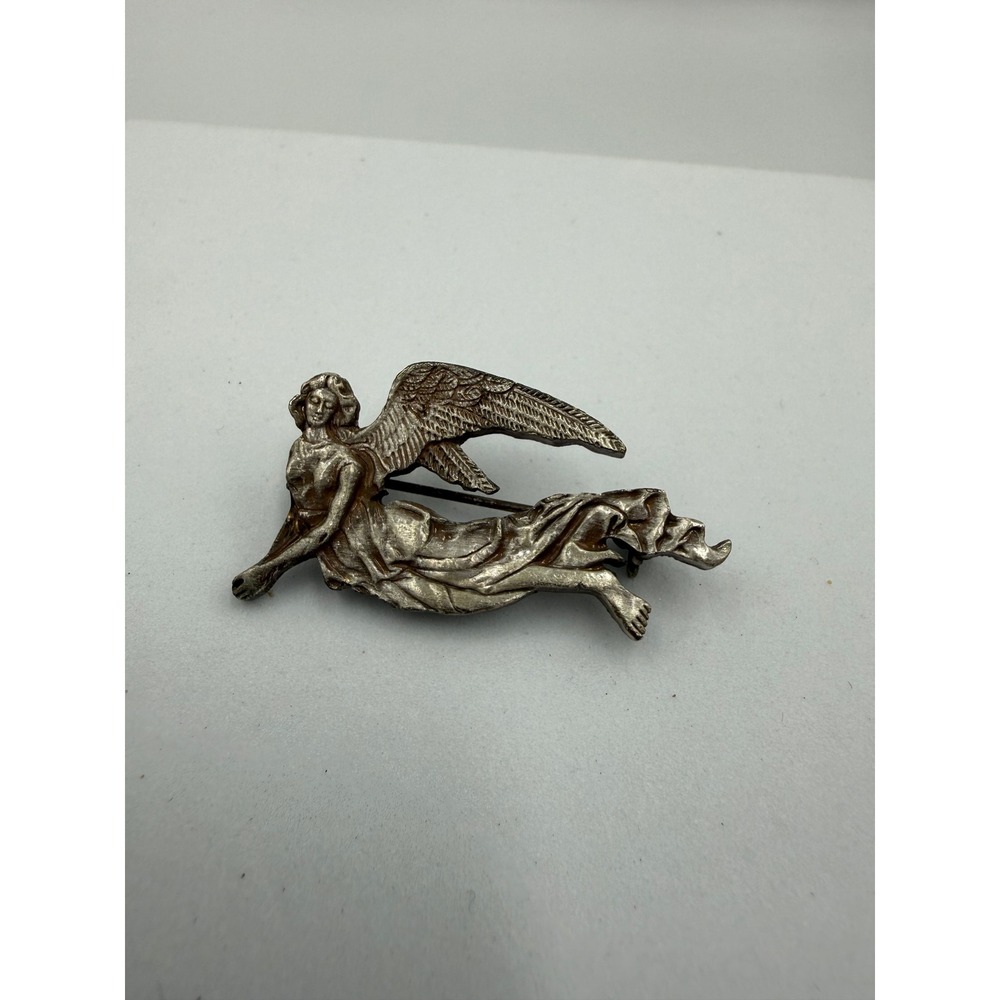 Vintage Silver Tone Flying Angel Brooch Pin Celestial Guardian Jewelry